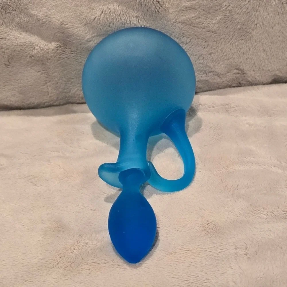 Vintage Frosted Blue Satin Glass Decanter with Stopper Hand Blown Art Glass Ewer